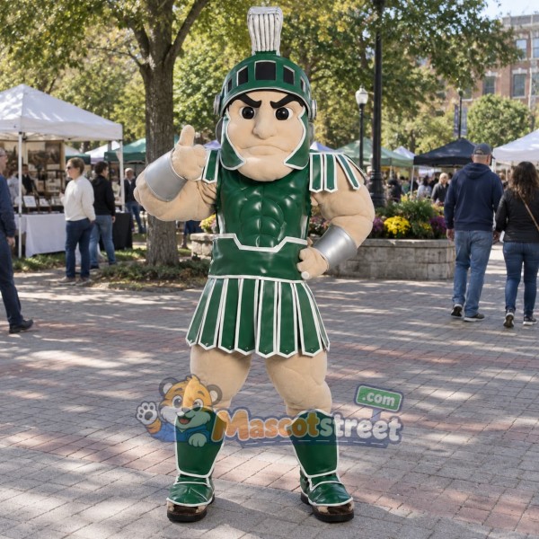 Warrior Mascot Costume with Green Armor and Helmet