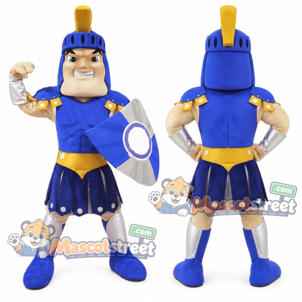 Warrior Mascot Costume with Blue Armor and Helmet