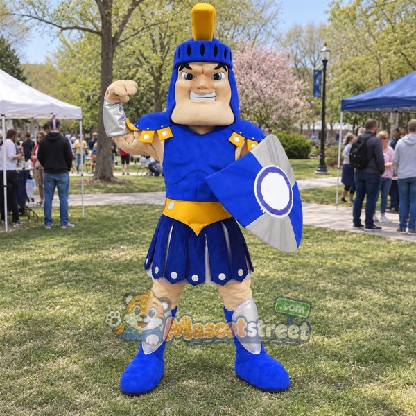 Warrior Mascot Costume with Blue Armor and Helmet