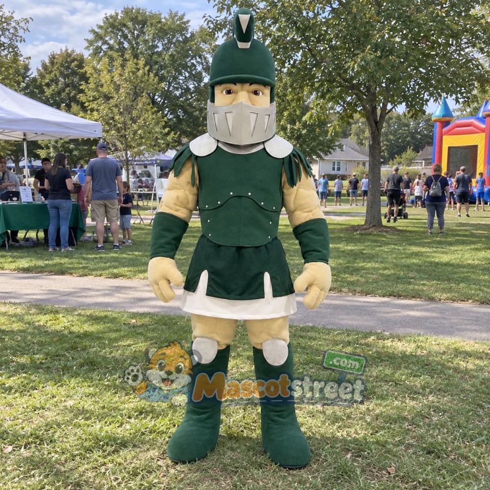 Warrior Mascot Costume with Green Armor and Helmet Warrior Mascot Costume with Green Armor and Helmet