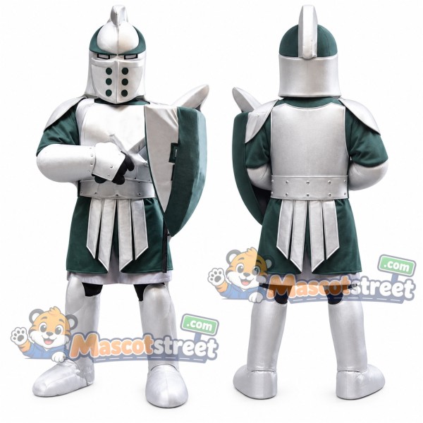 Knight Mascot Costume with Silver and Green Armor
