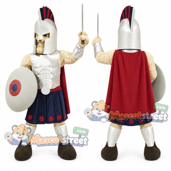 Warrior Mascot Costume with Silver Armor and Red Cape