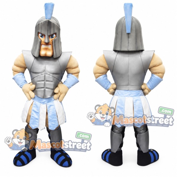 Warrior Mascot Costume with Silver Armor and Blue Plume