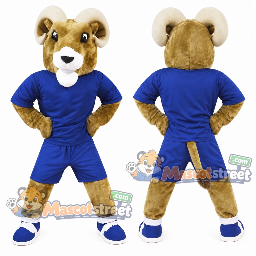 Tan Ram Mascot Costume with Blue Sports Uniform
