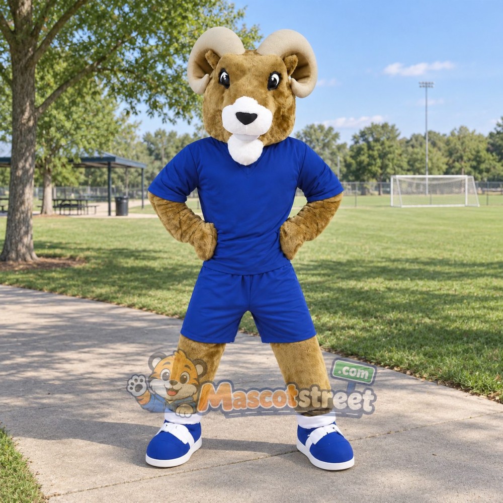 Tan Ram Mascot Costume with Blue Sports Uniform Tan Ram Mascot Costume with Blue Sports Uniform