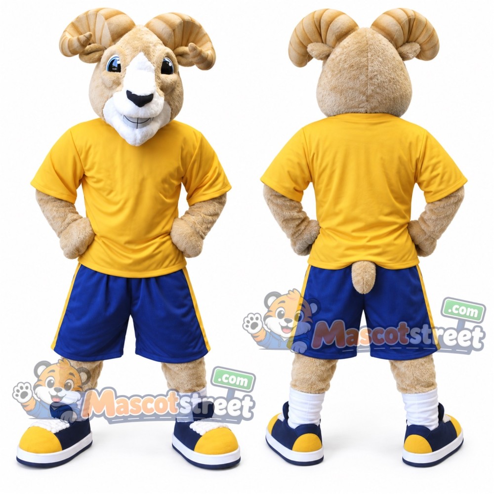 Tan Ram Mascot Costume with Yellow Shirt and Blue Shorts