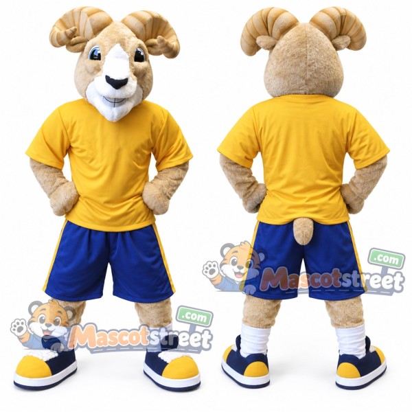 Tan Ram Mascot Costume with Yellow Shirt and Blue Shorts