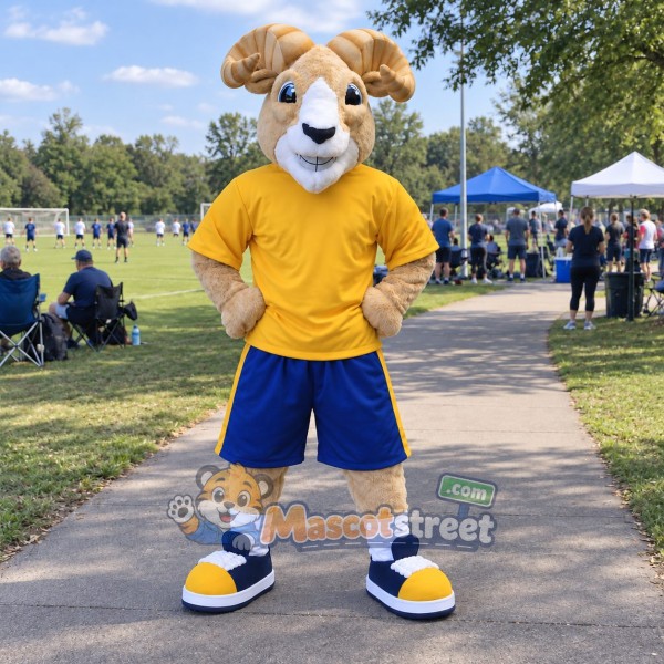 Tan Ram Mascot Costume with Yellow Shirt and Blue Shorts