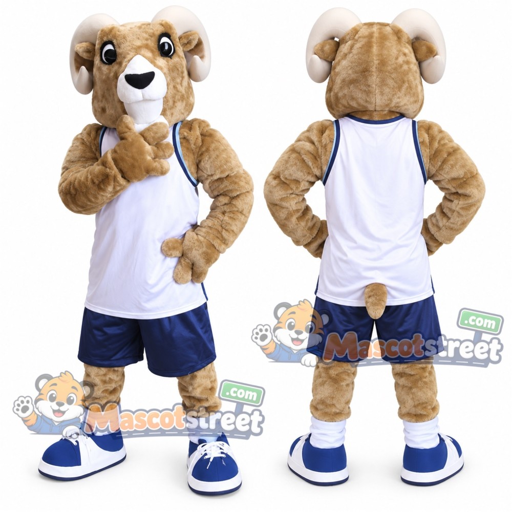 Tan Ram Mascot Costume with White Vest and Navy Shorts Tan Ram Mascot Costume with White Vest and Navy Shorts