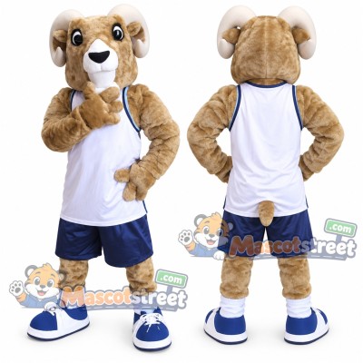 Tan Ram Mascot Costume with White Vest and Navy Shorts Tan Ram Mascot Costume with White Vest and Navy Shorts