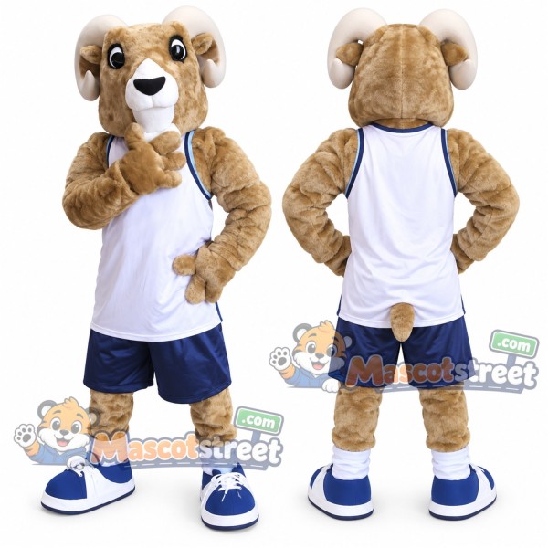Tan Ram Mascot Costume with White Vest and Navy Shorts