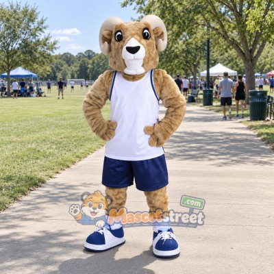 Tan Ram Mascot Costume with White Vest and Navy Shorts Tan Ram Mascot Costume with White Vest and Navy Shorts
