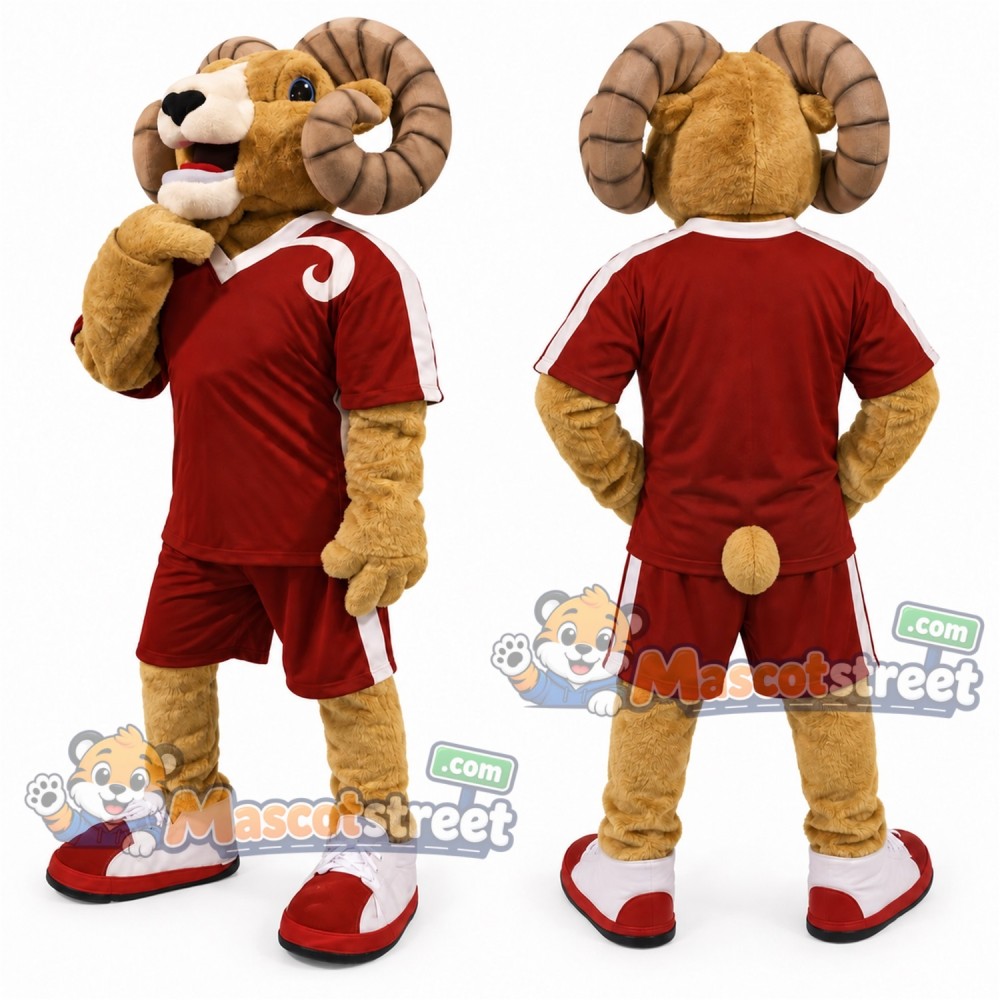 Brown Ram Mascot Costume with Burgundy Sports Uniform
