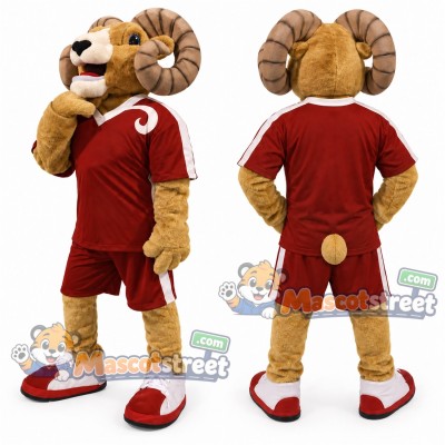 Brown Ram Mascot Costume with Burgundy Sports Uniform