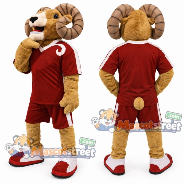 Brown Ram Mascot Costume with Burgundy Sports Uniform