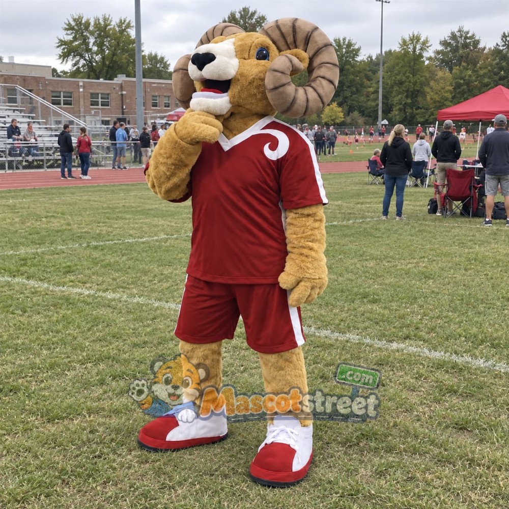 Brown Ram Mascot Costume with Burgundy Sports Uniform