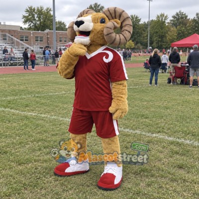 Brown Ram Mascot Costume with Burgundy Sports Uniform