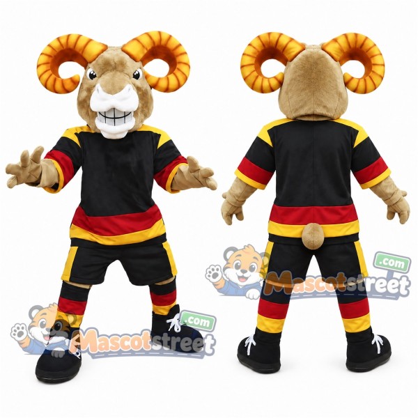 Tan Ram Mascot Costume with Black and Red Sports Uniform