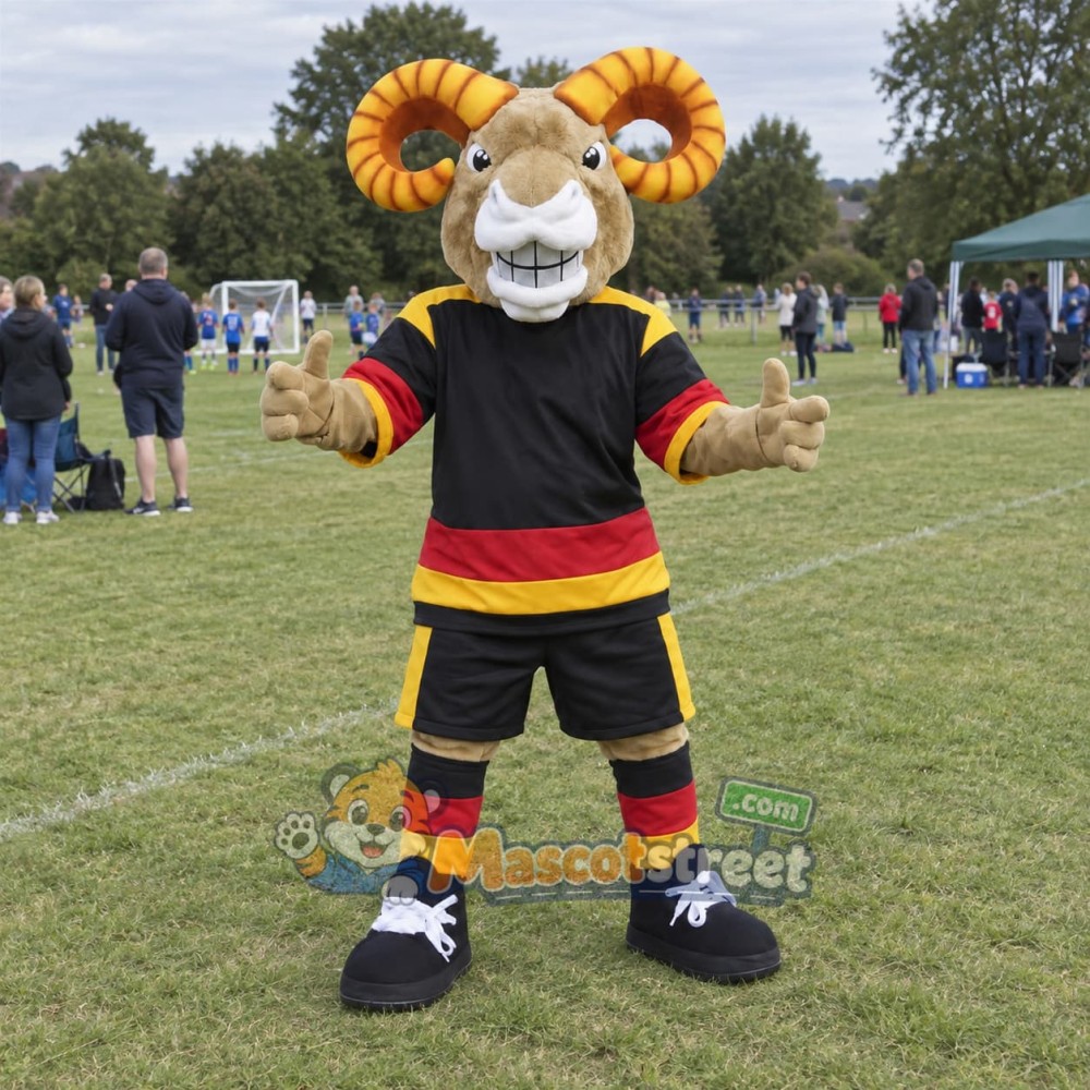 Tan Ram Mascot Costume with Black and Red Sports Uniform Tan Ram Mascot Costume with Black and Red Sports Uniform