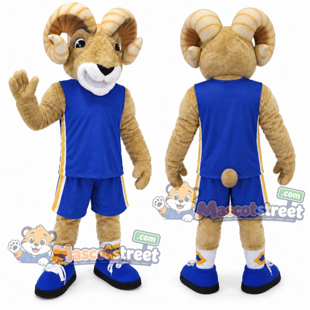 Tan Ram Mascot Costume with Blue Sports Uniform Tan Ram Mascot Costume with Blue Sports Uniform