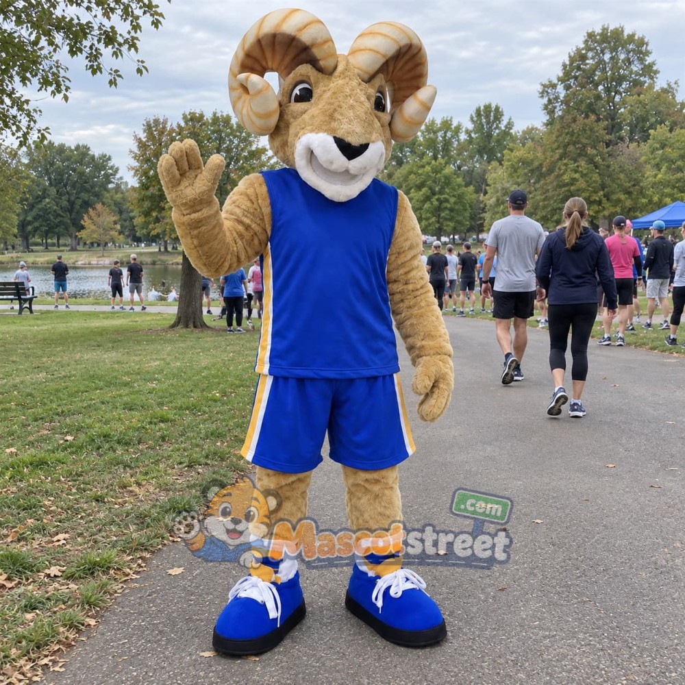 Tan Ram Mascot Costume with Blue Sports Uniform Tan Ram Mascot Costume with Blue Sports Uniform