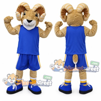 Tan Ram Mascot Costume with Blue Sports Uniform Tan Ram Mascot Costume with Blue Sports Uniform