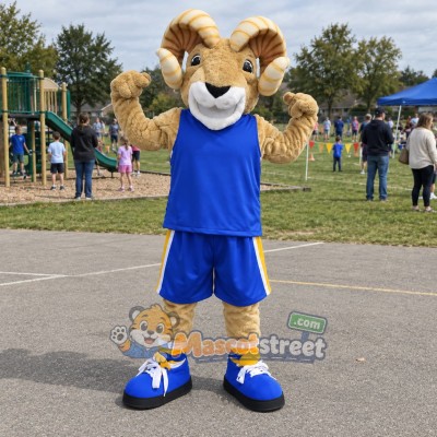 Tan Ram Mascot Costume with Blue Sports Uniform Tan Ram Mascot Costume with Blue Sports Uniform