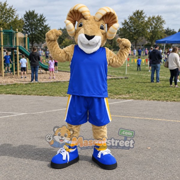 Tan Ram Mascot Costume with Blue Sports Uniform
