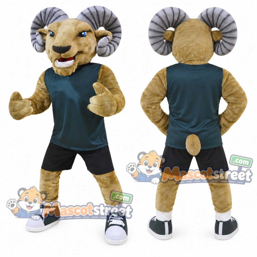 Brown Ram Mascot Costume with Dark Green Vest and Black Shorts