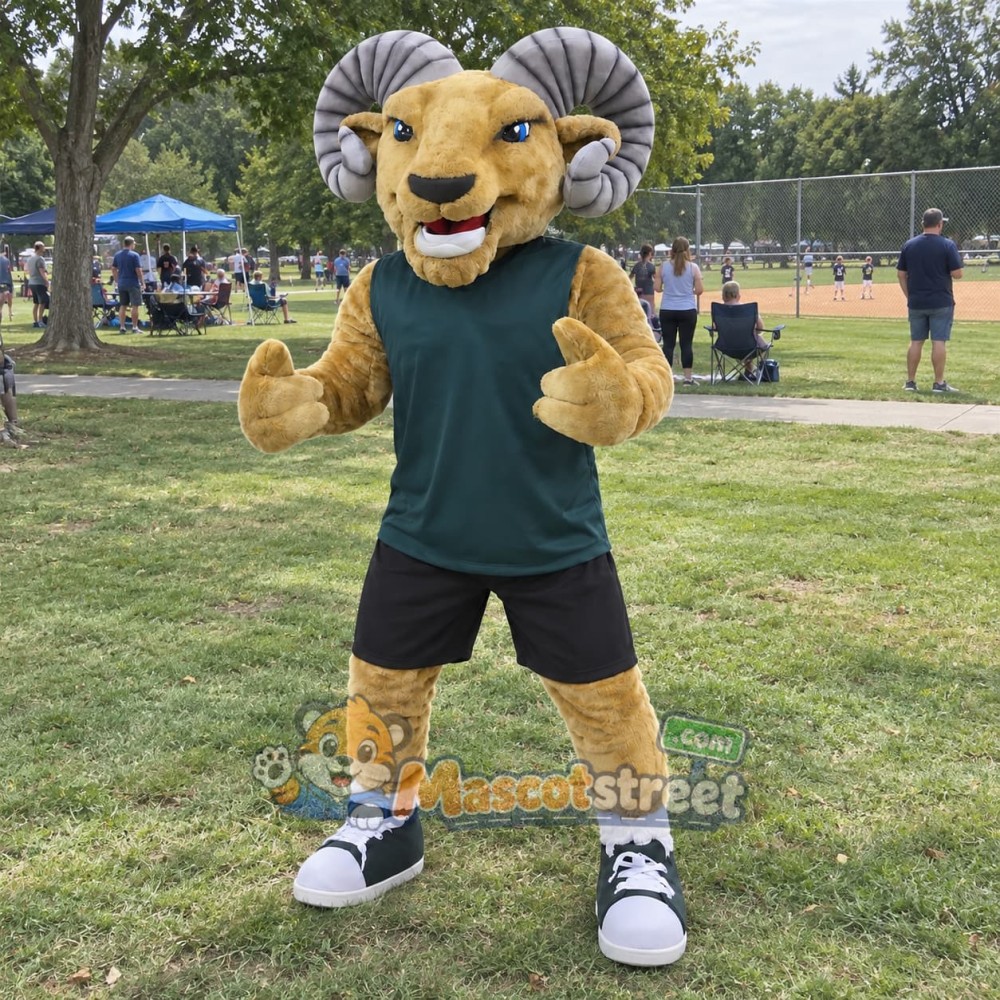 Brown Ram Mascot Costume with Dark Green Vest and Black Shorts