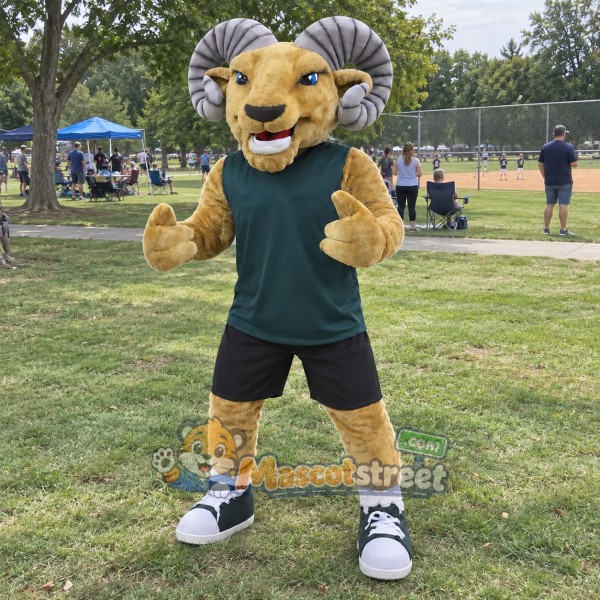 Brown Ram Mascot Costume with Dark Green Vest and Black Shorts