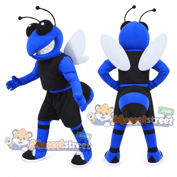 Blue Hornet Mascot Costume with Black Sports Uniform