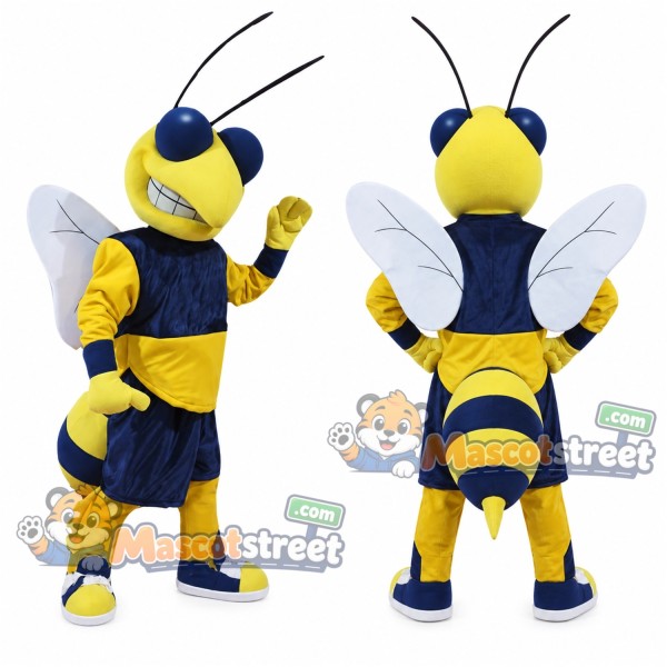 Blue and Yellow Hornet Mascot Costume with Navy Sports Uniform
