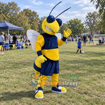 Blue and Yellow Hornet Mascot Costume with Navy Sports Uniform