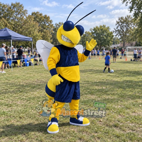 Blue and Yellow Hornet Mascot Costume with Navy Sports Uniform