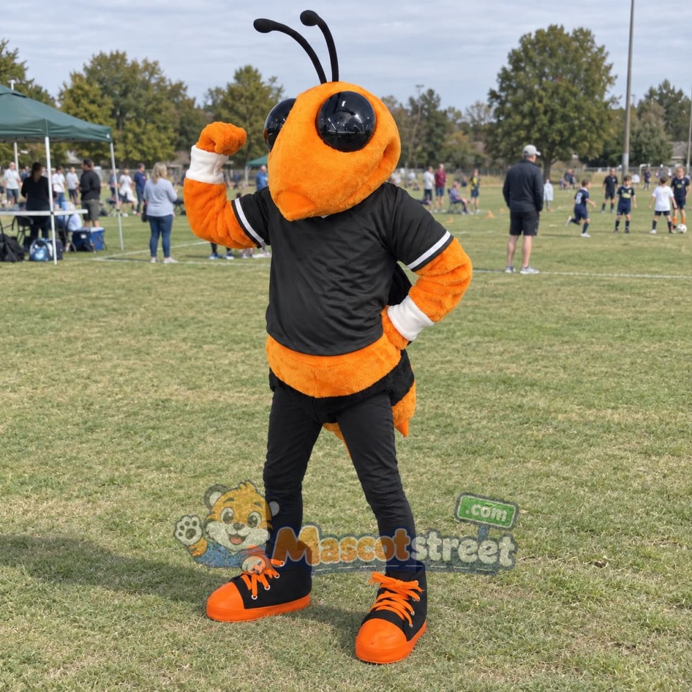 Orange Hornet Mascot Costume with Black Shirt and Black Trousers