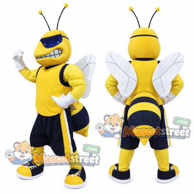 Yellow Hornet Mascot Costume with Black Shorts and Sunglasses