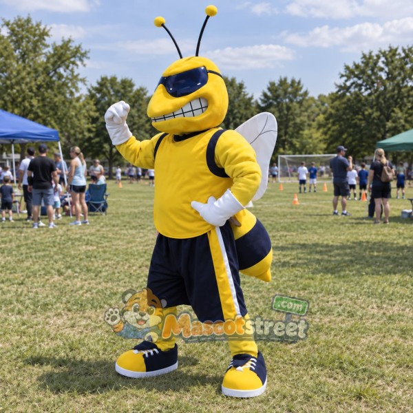Yellow Hornet Mascot Costume with Black Shorts and Sunglasses