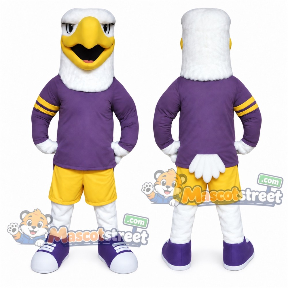Bald Eagle Mascot Costume with Purple Shirt and Yellow Shorts Bald Eagle Mascot Costume with Purple Shirt and Yellow Shorts