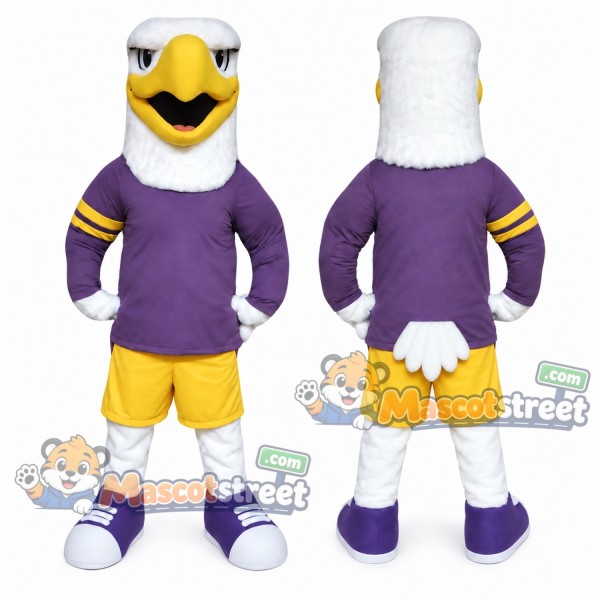 Bald Eagle Mascot Costume with Purple Shirt and Yellow Shorts