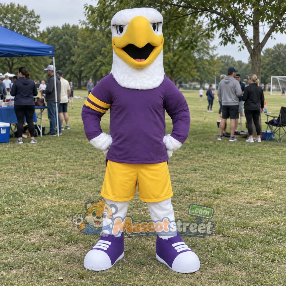 Bald Eagle Mascot Costume with Purple Shirt and Yellow Shorts Bald Eagle Mascot Costume with Purple Shirt and Yellow Shorts