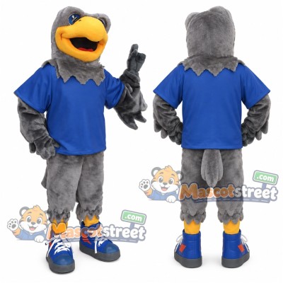 Gray Hawk Mascot Costume with Blue Shirt Gray Hawk Mascot Costume with Blue Shirt