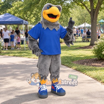 Gray Hawk Mascot Costume with Blue Shirt Gray Hawk Mascot Costume with Blue Shirt