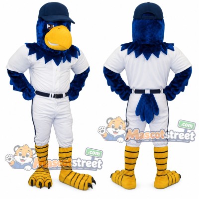 Blue Hawk Mascot Costume with White Baseball Uniform Blue Hawk Mascot Costume with White Baseball Uniform