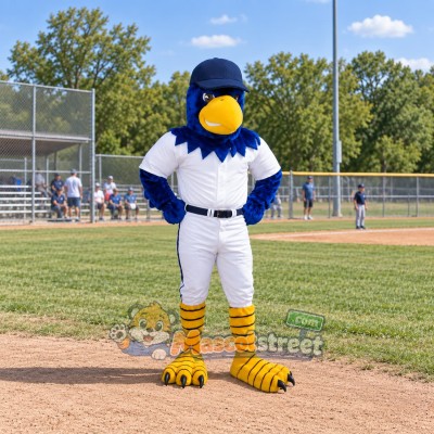 Blue Hawk Mascot Costume with White Baseball Uniform Blue Hawk Mascot Costume with White Baseball Uniform