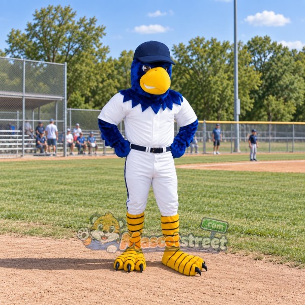 Blue Hawk Mascot Costume with White Baseball Uniform