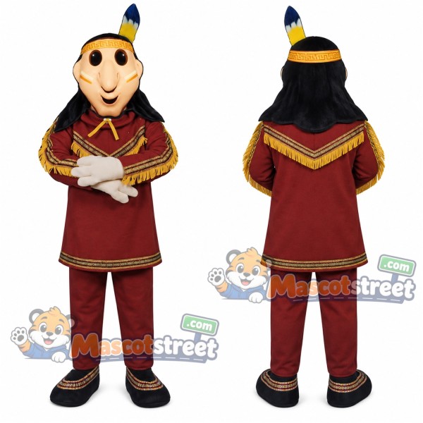 Warrior Mascot Costume with Burgundy Outfit and Feather Headband