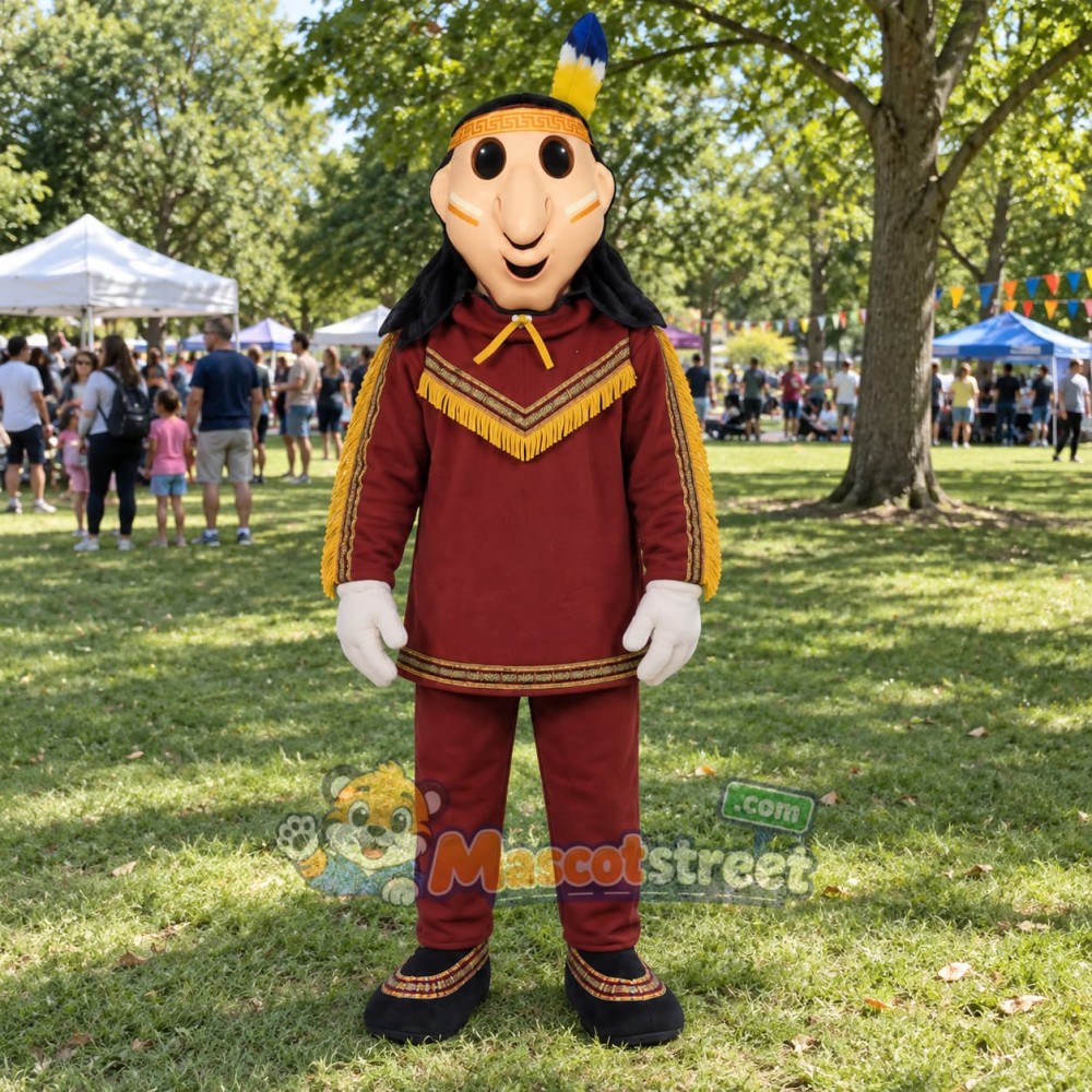 Warrior Mascot Costume with Burgundy Outfit and Feather Headband Warrior Mascot Costume with Burgundy Outfit and Feather Headband