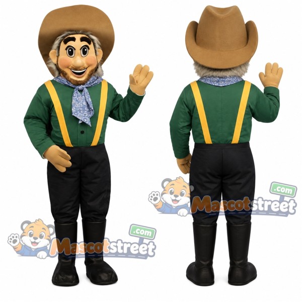 Cowboy Mascot Costume with Green Shirt, Black Trousers and Cowboy Hat