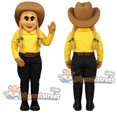 Cowgirl Mascot Costume with Yellow Shirt, Black Trousers and Cowboy Hat